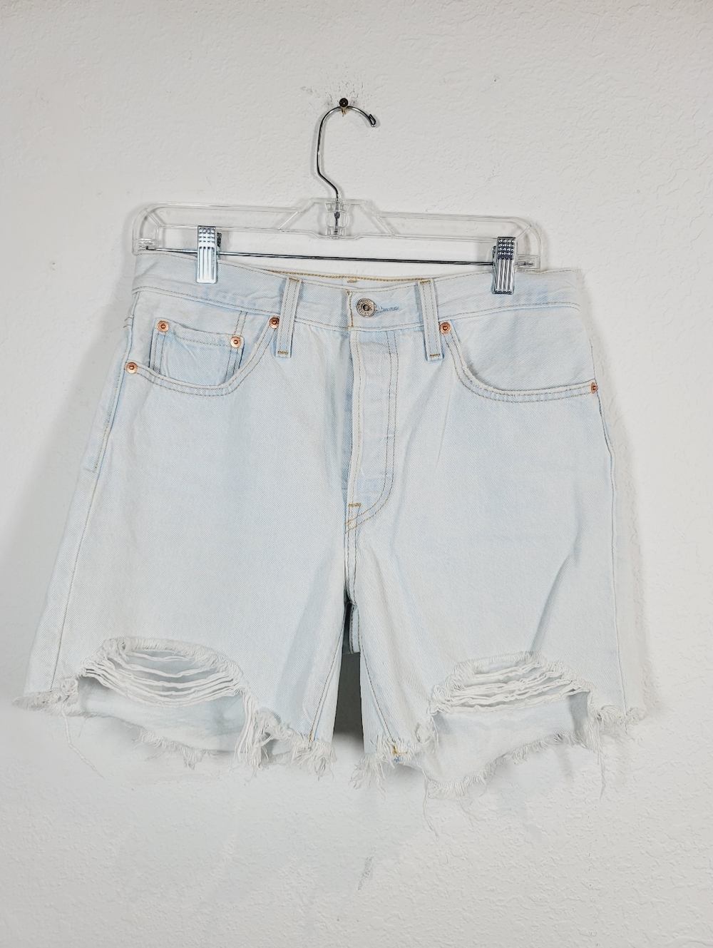 Levi's 501 Light Blue Distressed Denim Shorts, Size 28